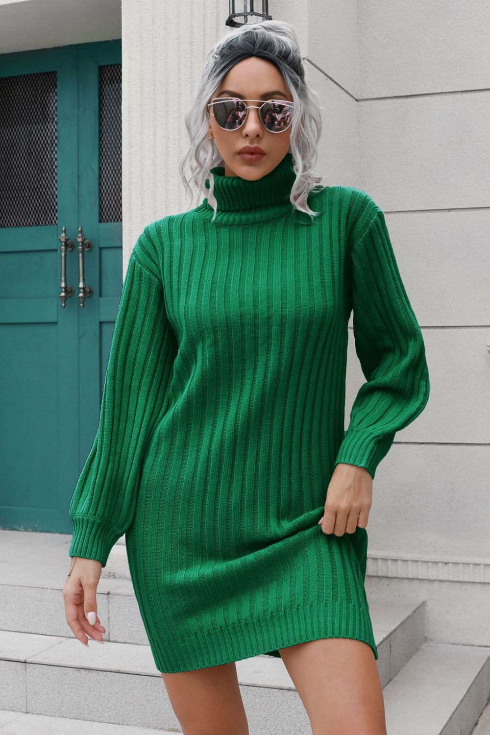 Ribbed Turtle Neck Long Sleeve Mini Sweater Dress