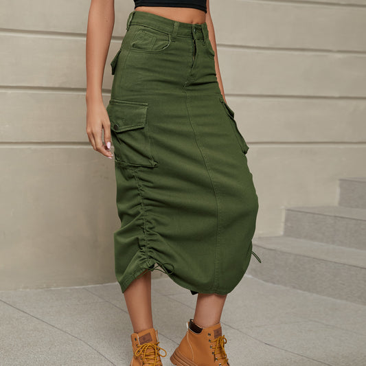 Drawstring Ruched Slit Denim Midi Skirt